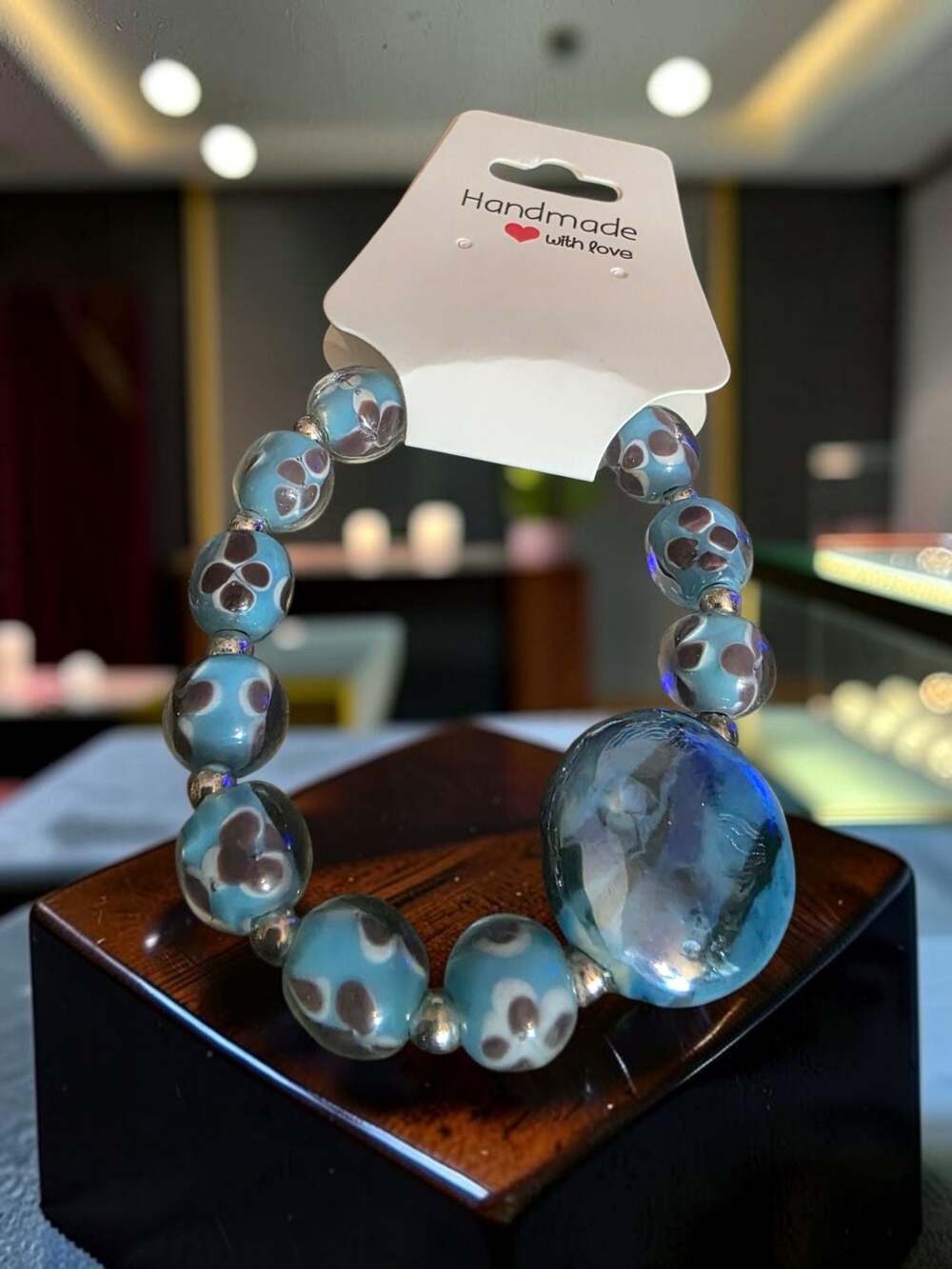 Handmade Lampwork Glass Bead Bracelet in Blue with Floral Details